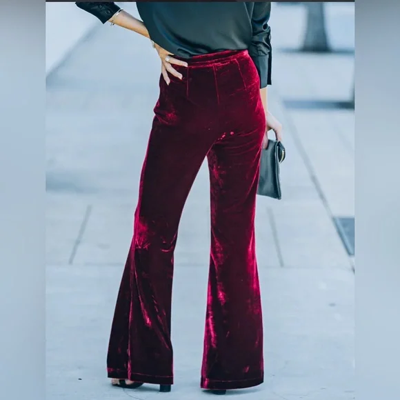 NWT Burgundy Amani High Rise Velvet Flare Pants |Size Large - Picture 3 of 5